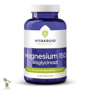 Pot met Magnesium 150 Bisglycinaat tabletten van Vitakruid.