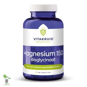 Pot met Magnesium 150 Bisglycinaat tabletten van Vitakruid.