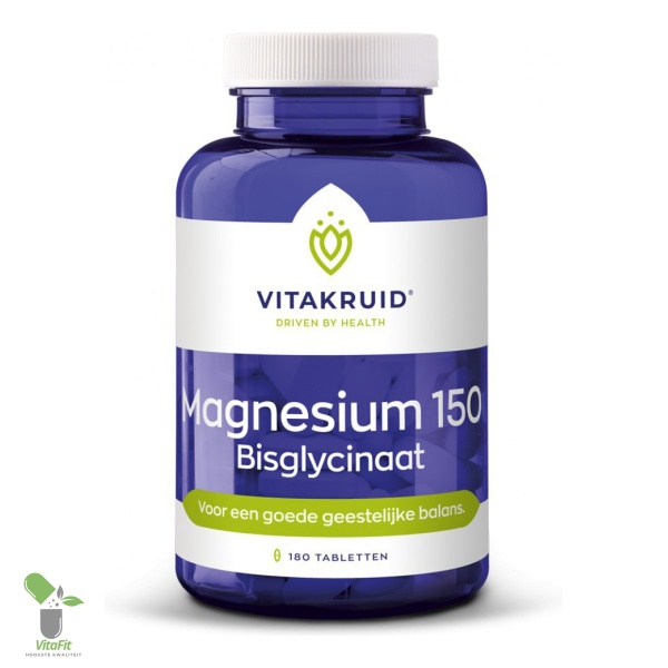 Pot met Magnesium 150 Bisglycinaat tabletten van Vitakruid.