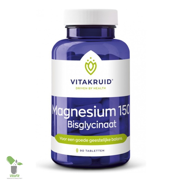 Vitakruid magnesium bisglycinaat voedingssupplement pot met tabletten.