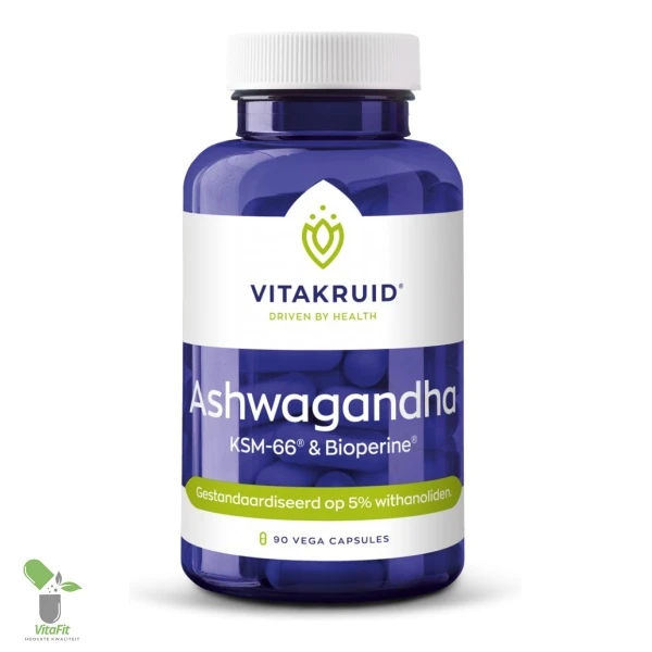 Vitakruid Ashwagandha supplementenpot met 90 capsules.