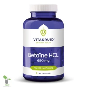 Vitakruid Betaine HCL supplementenpot met tabletten.