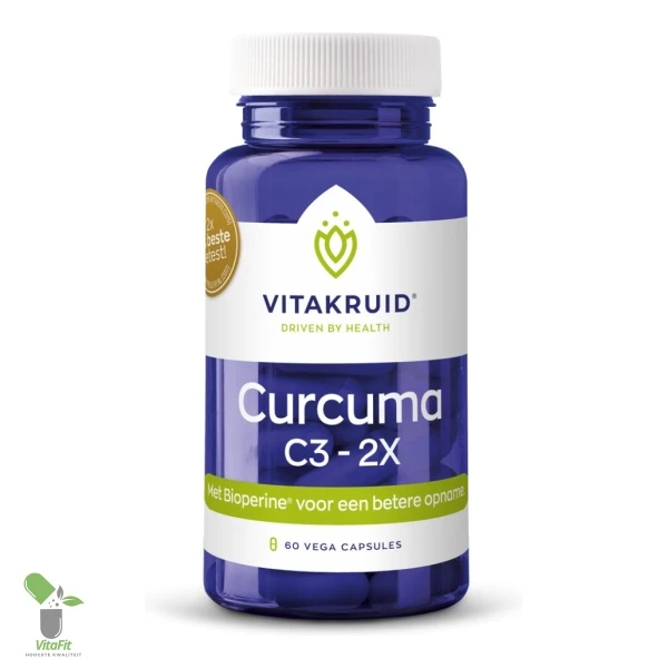 Vitakruid Curcuma C3-2X supplement pot met capsules.