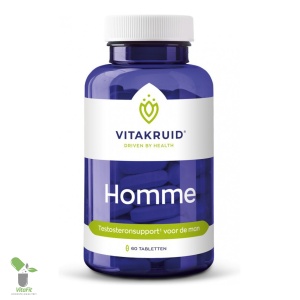 Vitakruid Homme testosteronsupport supplement pot met tabletten.