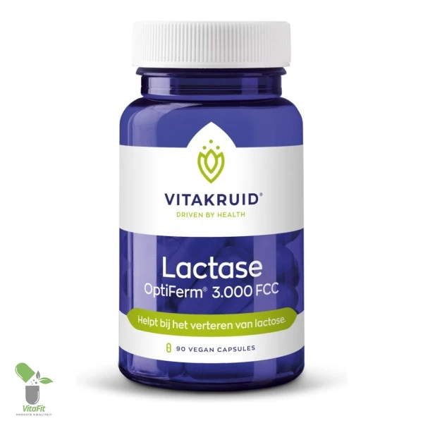 Vitakruid Lactase supplement pot met 90 vegan capsules.