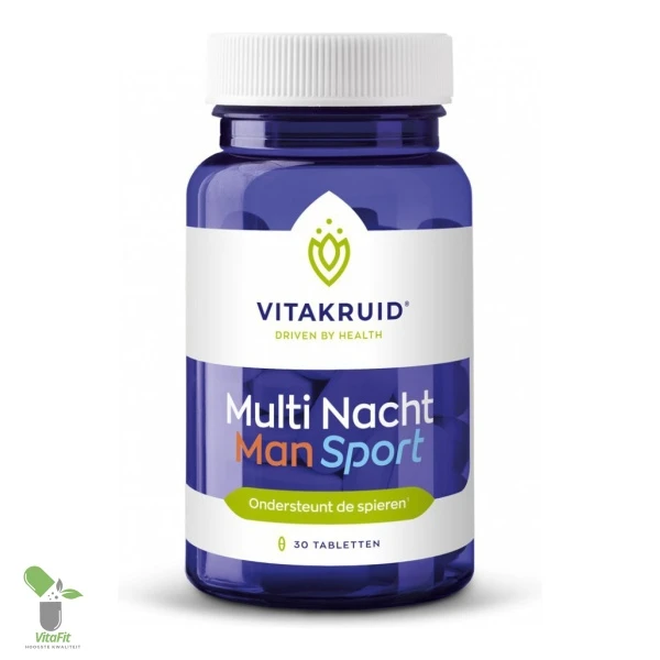 Vitakruid Multi Nacht Man Sport supplementenpot met 30 tabletten.