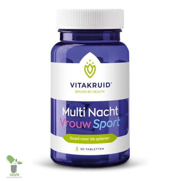 Vitakruid Multi Nacht Vrouw Sport supplementenpot met 30 tabletten.