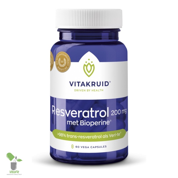 Vitakruid Resveratrol supplement pot met capsules.