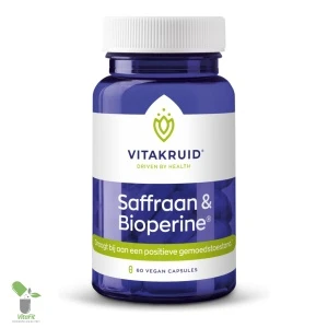 Vitakruid Saffraan & Bioperine vegan capsules pot.