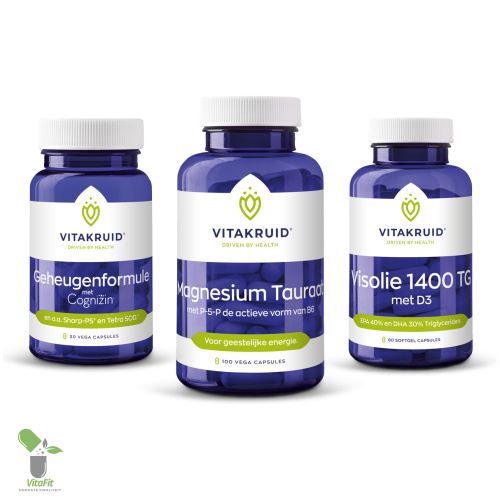 Vitakruid supplementen: geheugenformule, magnesium, visolie met D3.