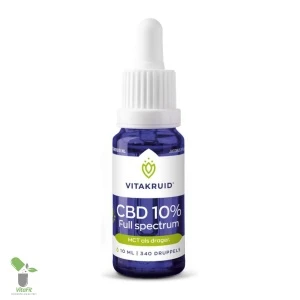 CBD-olie 10% volledig spectrum in druppelflesje.