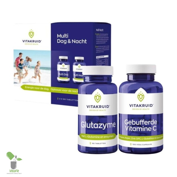Vitakruid supplementen voor dag en nacht, vitamine C en glutazy.