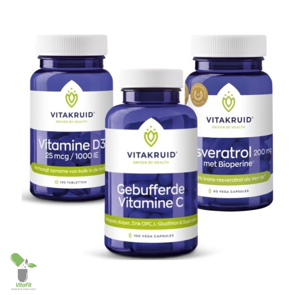 Vitakruid supplementen: Vitamine D3, C en Resveratrol.